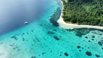 Aerial view of an island in clear water