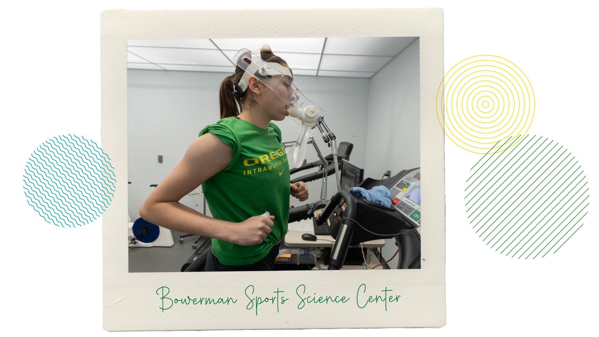 A student running on a treadmill while wearing a scientific breathing apparatus.