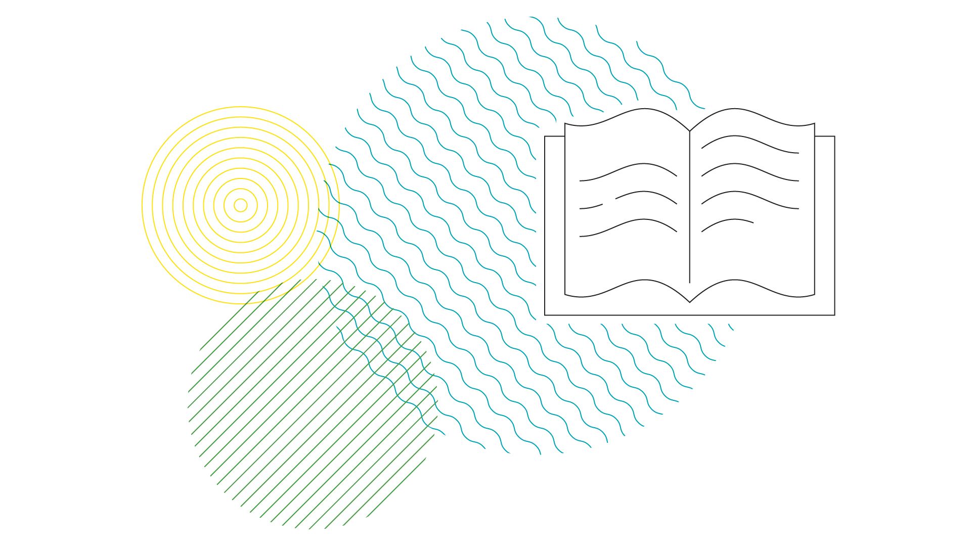 Line art drawing of an open book with circular patterns behind it.