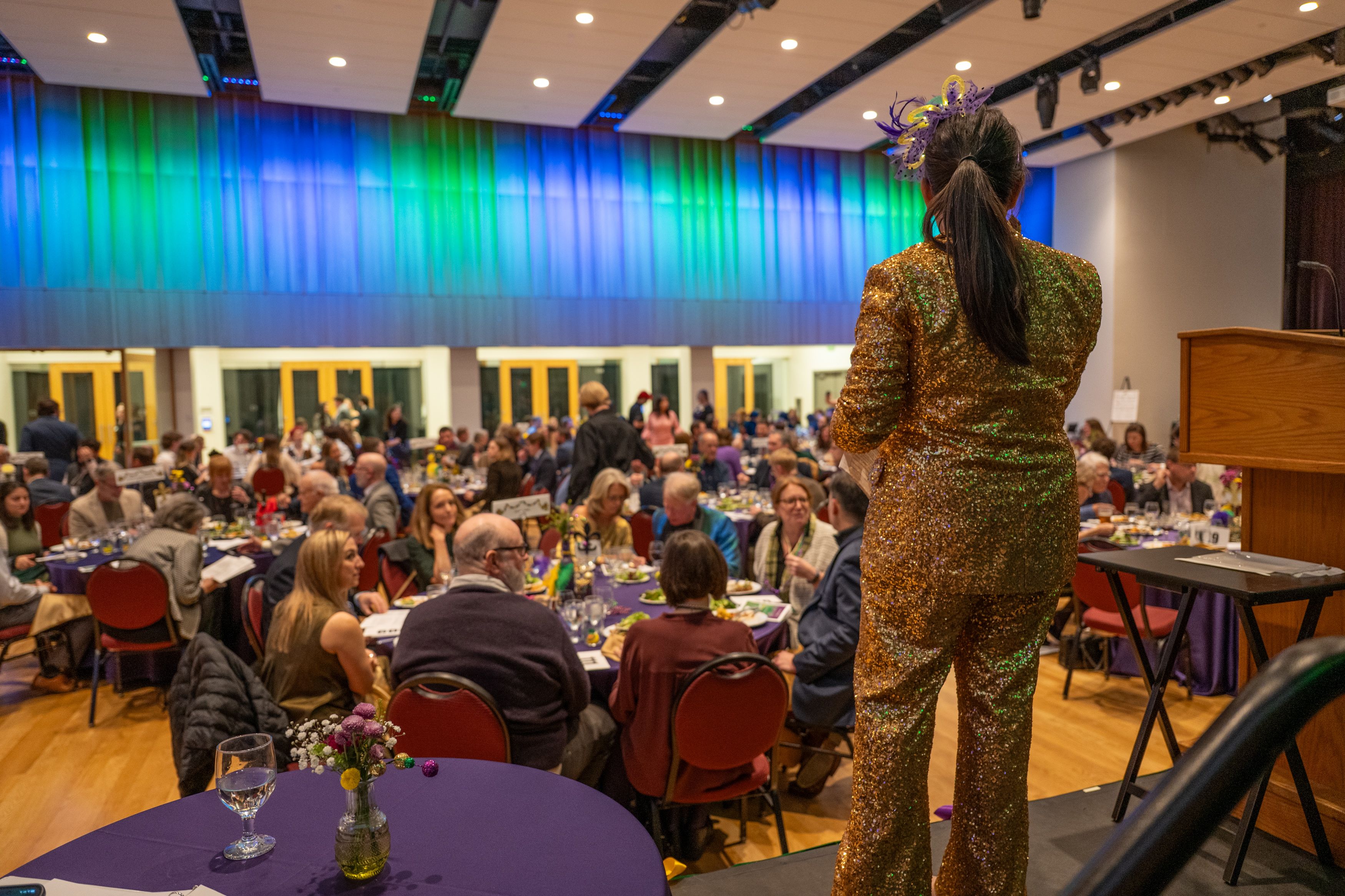 Wide shot of all the guests at tables for the OLSPIF Dinner.